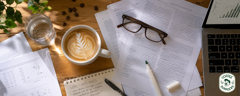 Person with cup of coffee researching health benefits